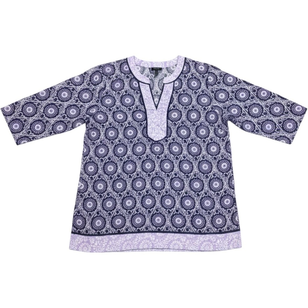 Talbots Blouse L Purple Boho Work Preppy Medallion Print Split Neck 100% Cotton
